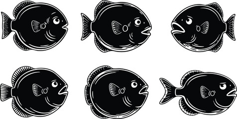 Grunge stamp vector art six distressed tropical fish icons arranged in two rows black silhouette with white scratch texture varied orientations flat composition monochrome close up