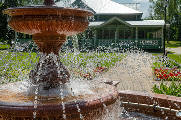 Fountain jets in a summer park on a sunny day