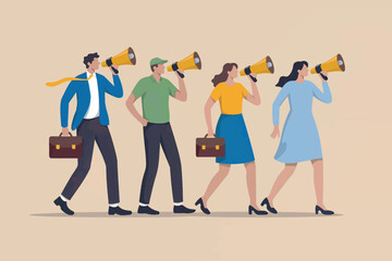 Diverse group of business professionals advocating and making announcements with megaphones