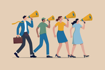 Diverse group of people collectively communicating a message with megaphones