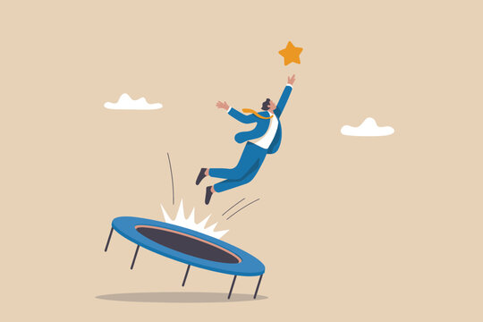 A businessman on a trampoline reaches for a star, symbolizing ambition and career growth