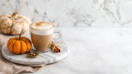 a cup of coffee with a pumpkin and cinnamon on a marble plate