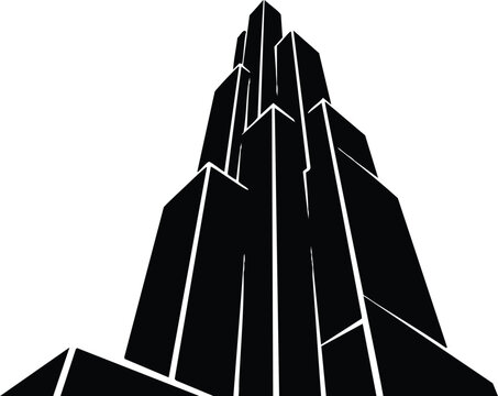 Minimalist geometric vector low angle black jagged mountain monolith silhouette towering above angular rock base isolated on white background with strong contrast and sharp edges graphic