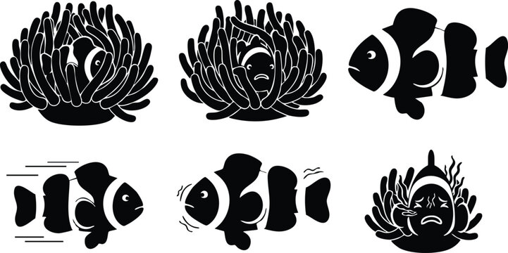 Stencil silhouette icon set of clown fish and sea anemone repeated stamps showing swimming motion close up face black vector art ink grunge texture isolated white