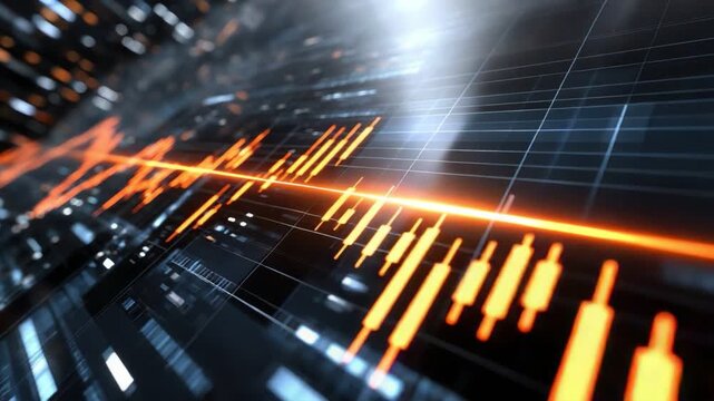 A dynamic visualization of a digital waveform with vibrant orange lines and bars, representing data flow and analytics in modern technology systems