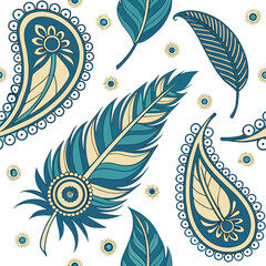 Vibrant Teal Paisley & Feather Bohemian Seamless Pattern © Farjana