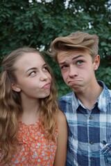 Fototapeta premium A teenage girl and boy on a first date together. Their Valentine moment feels tender and uncertain.