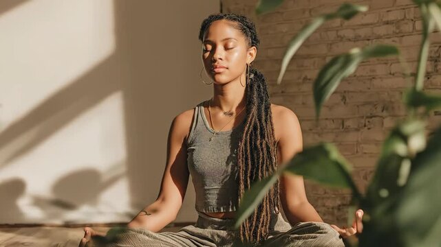 Young woman with dreadlocks meditating in warm sunlit interior. Spiritual wellness, mental health, self-care, nervous system regulation, mental nourishment