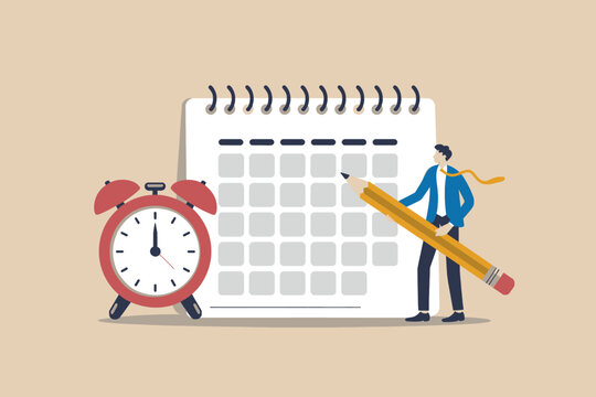 Businessman planning schedule with calendar and alarm clock for effective time management