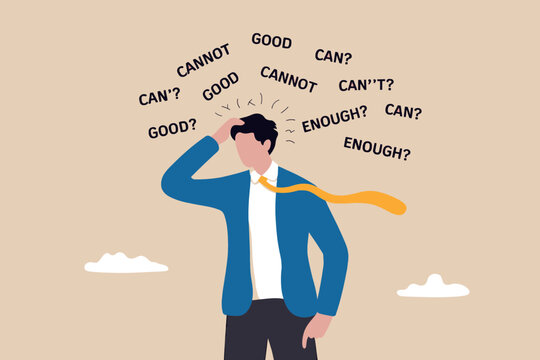 Businessman suffering from anxiety and self-doubt with negative thoughts in his mind