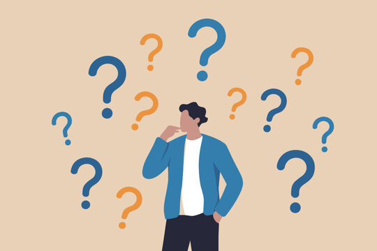 A person stands deep in thought, surrounded by floating question marks, representing confusion and uncertainty.