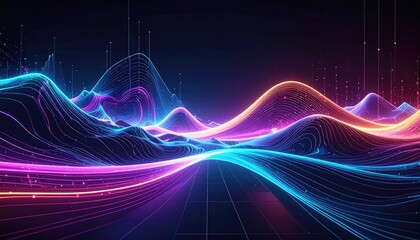 Digital waves of data flow across a dark, grid-lined landscape, lit in vibrant neon colors