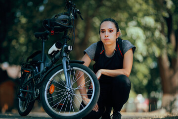 Stressed Biker Checking the Wheels of her Bicycle in the Park. Unhappy woman truing to fix her bike...
