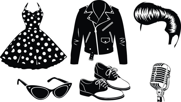 Retro fifties silhouette set showing polka dot dress leather jacket pompadour hair cat eye sunglasses brogues vintage microphone arranged on white background high contrast vector art