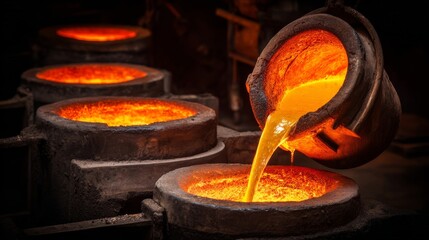 Glowing molten metal streams from a foundry furnace spout into a circular mold, a vibrant industrial process.