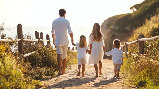 A family walks together along a sunlit path by the beach, creating cherished memories and enjoying quality time outdoors, surrounded by nature and tranquility.