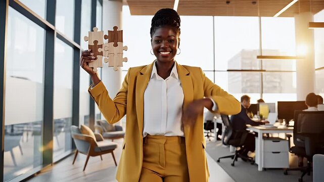 Successful businesswoman celebrates a completed project by holding up puzzle pieces in a modern office setting symbolizing teamwork achievement and strategic problem-solving for business growth