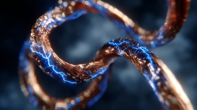 Gleaming copper conductors interlaced with vibrant blue electric sparks in a dark, abstract technological network