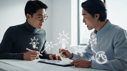 Two young professionals collaborate over a digital tablet brainstorming innovative ideas and strategic solutions with glowing lightbulb icons representing creativity and growth - Powered by Adobe