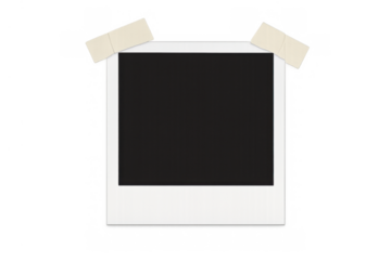 Blank vintage instant square print frame with masking tape holding it, offering space for design on transparent background