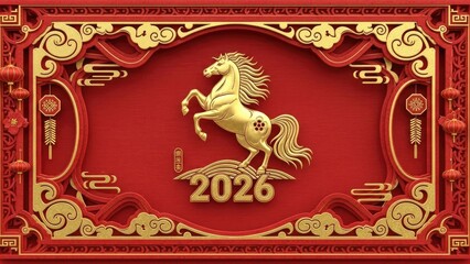 Obraz premium Golden Horse Chinese New Year Celebration 2026 Lunar Year Decorative Elements