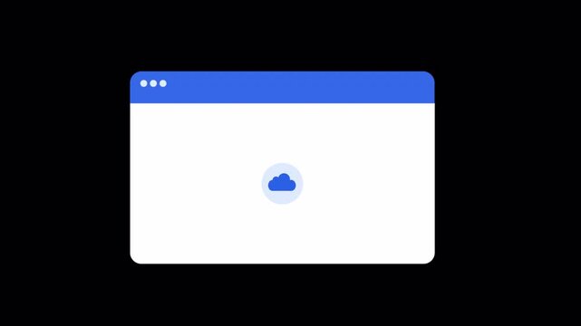 Minimal web browser window interface showing a cloud sync icon on dark background. Clean UI design concept for data synchronization, cloud services, and online system processes.
