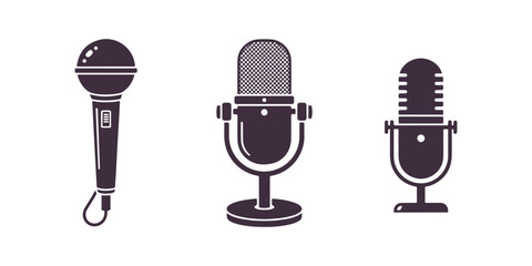 Microphone icons set. Different types of mic icons. Karaoke microphone. Podcast mic. Icons for web and mobile platforms. Vector illustration.