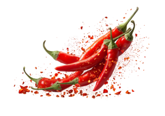 Group of Red Hot Chili Peppers Exploding with Flakes isolated on a transparent background red chili hot pepper
