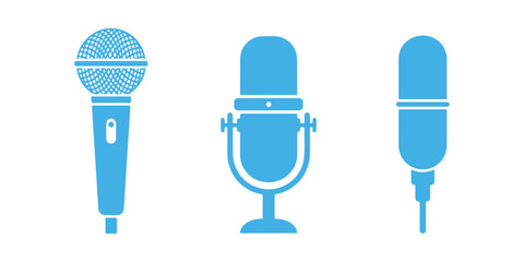 Collection of microphone icons. Different styles of microphones. Karaoke microphone. Podcast mic. Icons for both web and mobile. Vector illustration.