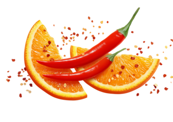 Two red chili peppers resting on slices of orange with scattered chili flakes isolated on a transparent background