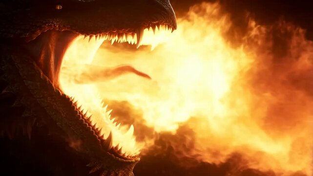 Fiery dragon breathes intense flames in dramatic closeup sequence