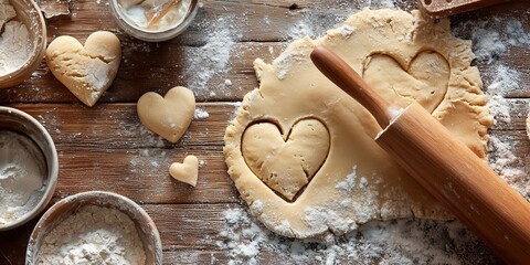 Plakat Heart-shaped dough pieces lie on floured surface with rolling pin and cutters. Overhead baking scene captures cozy Valentine kitchen energy.