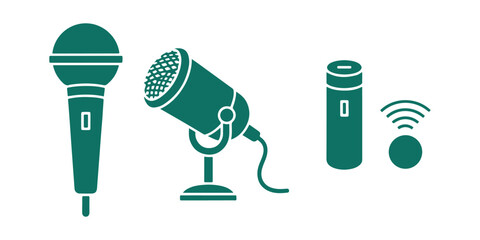 Set of microphone icons. Various microphone designs. Karaoke mic. Podcast mic. Icons for web and mobile. Vector illustration.