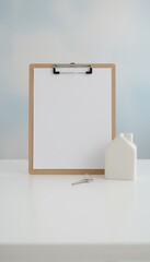 Blank clipboard on white background, minimal office mockup with copy space