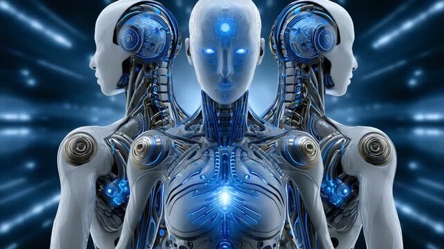 A futuristic depiction of humanoid robots with intricate metallic designs and glowing elements, set against a dynamic blue background