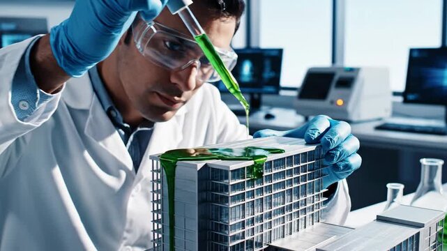 Scientist in lab pouring green liquid into a large stack of petri dishes, wearing protective gear, with various lab equipment in the background, possibly for a medical or scientific experiment