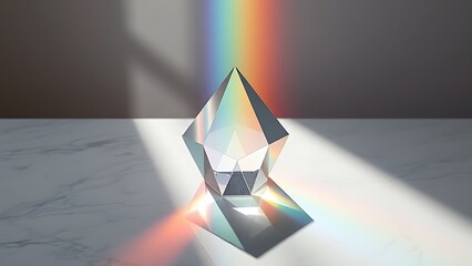 diffraction. Glass prism creating rainbow light refraction on a sleek marble surface. STEM education sheets, lab safety posters, designed for biotech research communications, used by radiologists.