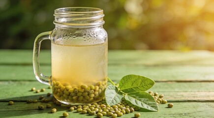 Fresh mung bean juice in mason jar  seeds and leaves on green wooden table  closeup. 