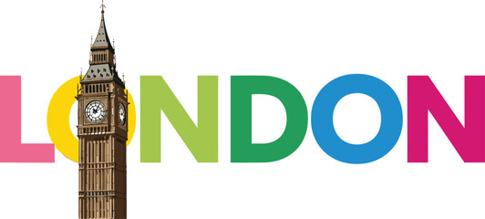 Colorful London typography illustration with Big Ben landmark, modern travel design celebrating England, tourism, culture, and iconic city architecture © Mahadi's World