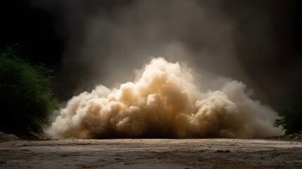A large dense cloud of brown dust erupts violently from the ground on a dirt path creating a dramatic and atmospheric disturbance