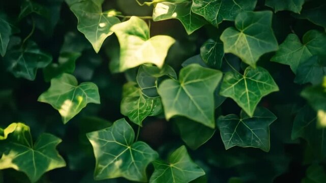 Close up of green ivy leaves with natural sunlight and shadows