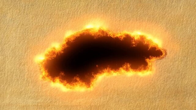 Burning paper effect sequence: fire ignition to complete burn through transformation