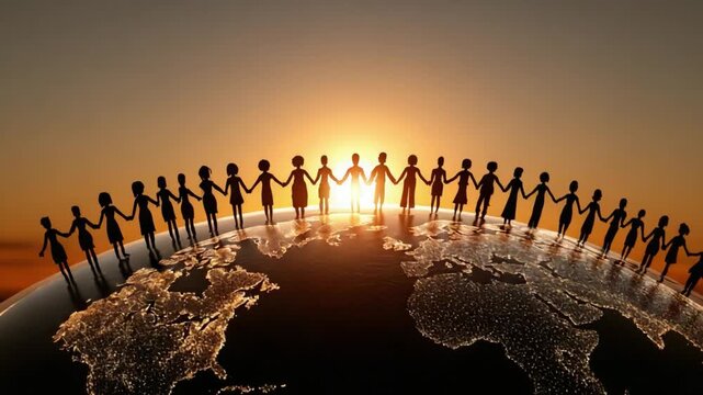 A Global Community United: Silhouetted Figures Holding Hands Against a Breathtaking Sunrise Over Earth, Symbolizing Harmony, Togetherness, and Global Connection