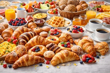 Extensive breakfast buffet with fresh croissants, pastries and berries
