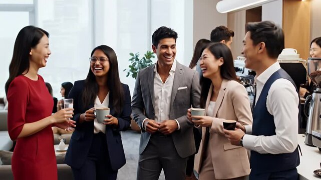Diverse group of young professionals networking and socializing with coffee cups at a modern office event conveying collaboration success and career growth