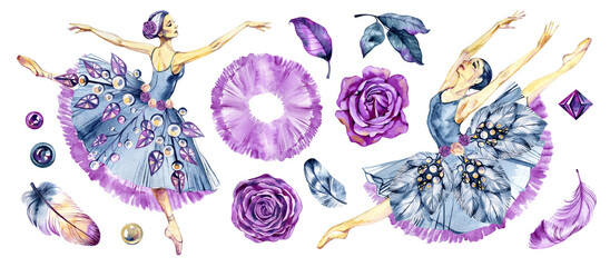 Naklejka premium Elegant watercolor ballet set featuring classical ballet dress, pointe shoes, royal crown, decorative elements and soft pastel accents. Perfect for dance projects, invitations, branding, stationery