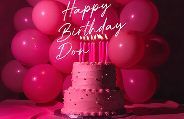A lovely pink birthday cake with candles and "happy birthday don" message