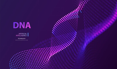 Fototapeta na wymiar Futuristic DNA Artificial Intelligence banner. Medicine innovation vector. Biology dna molecule background. Ai genetic code particle design.