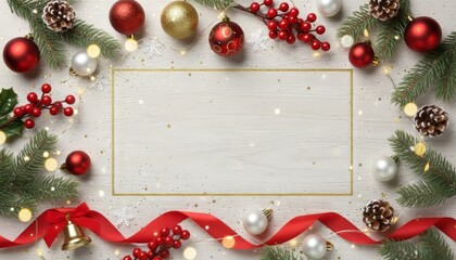 A horizontal gold frame surrounded by red and gold Christmas ornaments, glitter, and berries on a white desk.