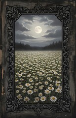 Moonlit Flower Field Seen Through Vintage Gate